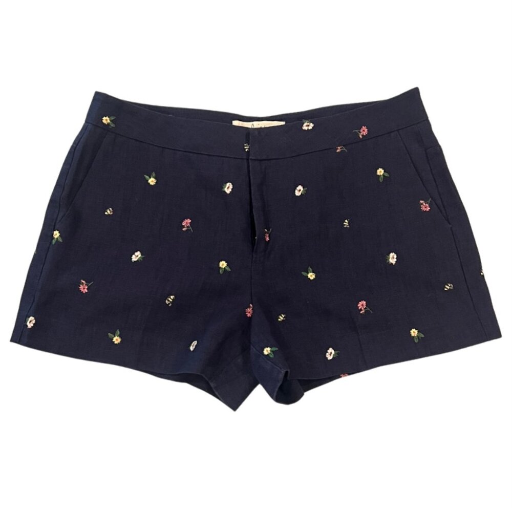 Joie Navy Blue Floral Embroidered Linen Summer Shorts Natural Fiber Size 6